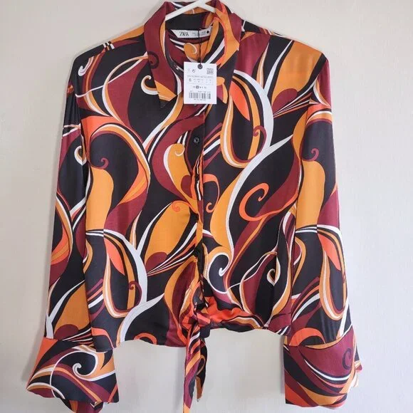 NEW Zara 70's Retro Crop Blouse Abstract Chic Bell Sleeves  Sz Small - Picture 5 of 7